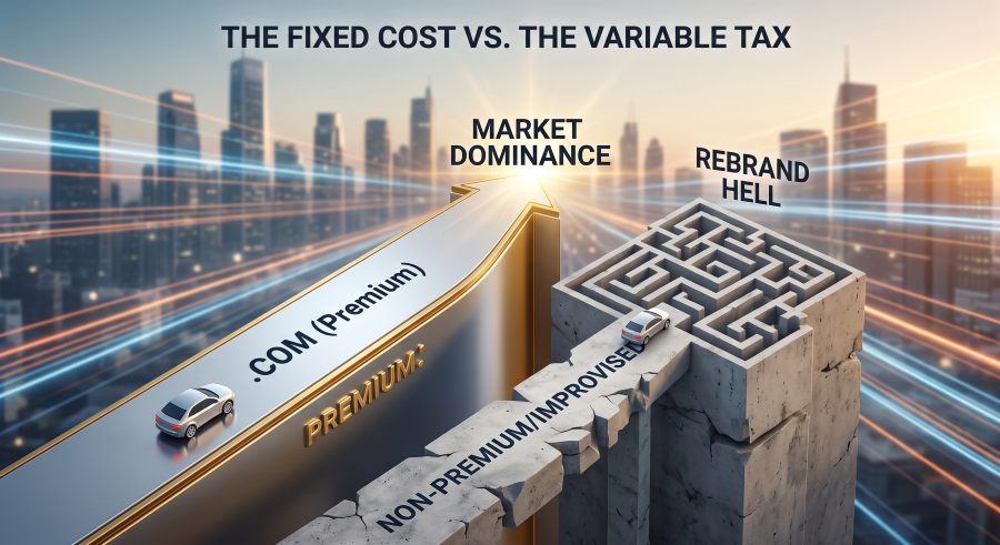A premium domain is a one-time fixed cost; a weak name is a variable tax paid every quarter.